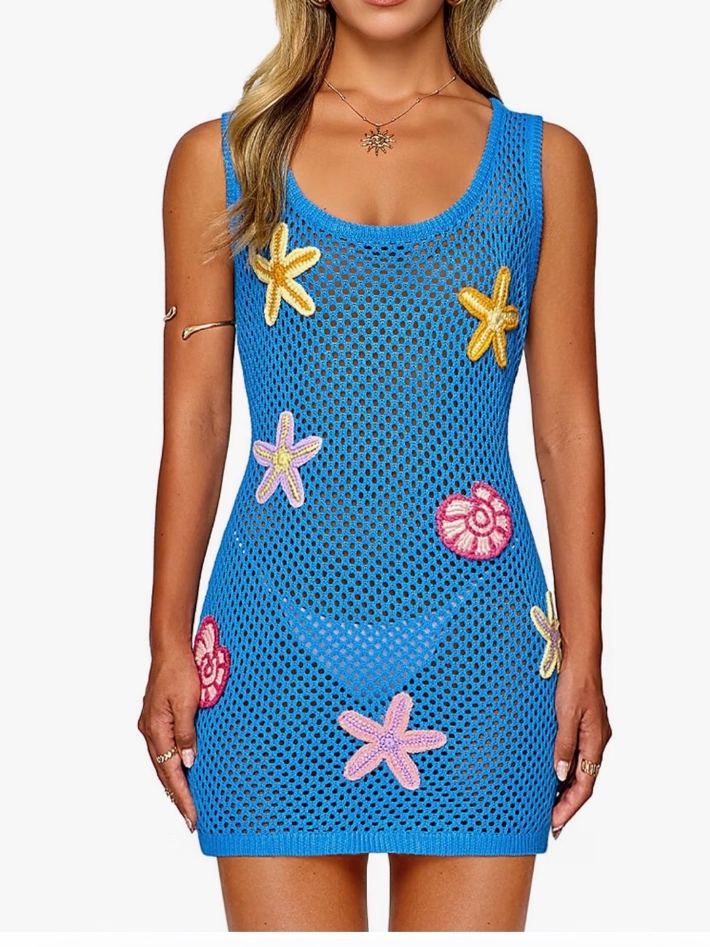 Blue Crochet Mesh Starfish Swim Coverup Dress